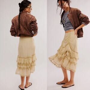 NEW Free People Calliope Ruffle Midi Skirt XS Tan Victorian Romantic Cottagecore